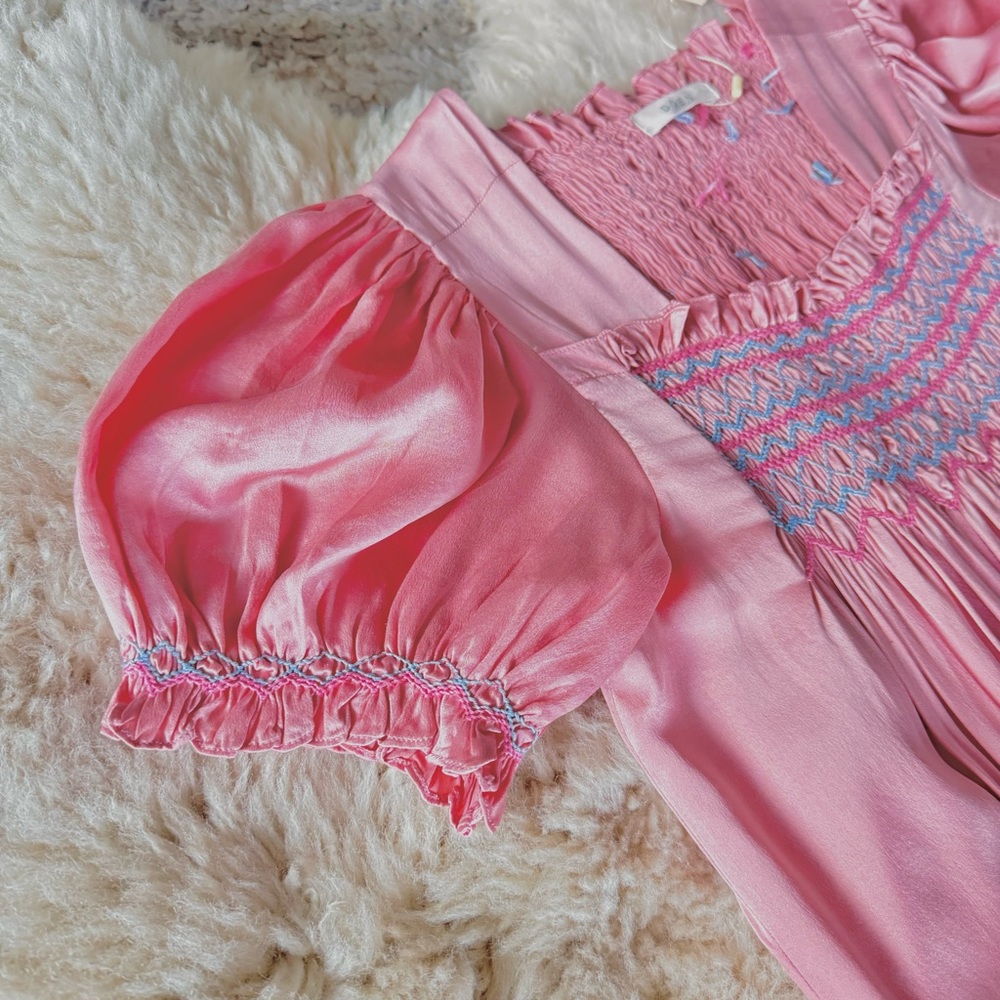 ✨🌸🍧DÔEN ‘Castalia’ Silk Embroidered Smocked Maxi Dress Sunset Pink XS✨ - Picture 4 of 17